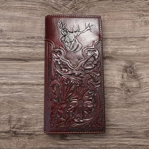 Leather Long Wallet Floral Embossed Deer Buck Bi Fold Hand Crafted Mens Wallets