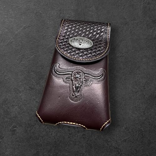 Western Stakes Western Leather Phone Belt Holster Cell Phone Case Pouch Embossed Tooled Longhorn Cowboy Concho High End Case for iPhone Samsung Universal