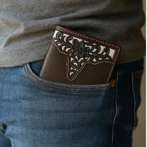 Western Stakes Men’s Bi-Fold Wallet – Genuine Leather with Flip ID, Laser-Cut Design