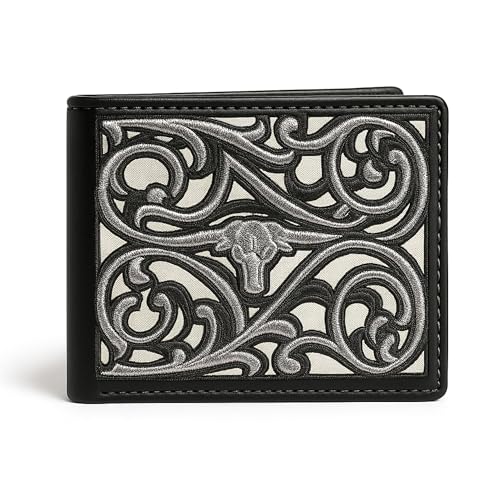 Western Stakes Men’s Leather Bifold – Embroidered Longhorn, Contrast-Stitched Card Holder