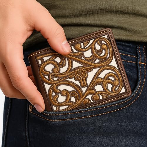 Western Stakes Men’s Leather Bifold – Embroidered Longhorn, Contrast-Stitched Card Holder