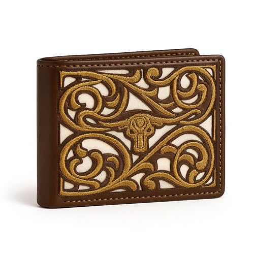 Western Stakes Men’s Leather Bifold Wallet – Embroidered Longhorn Design with Contrast Stitching – Slim Western Style Card Holder (Brown)