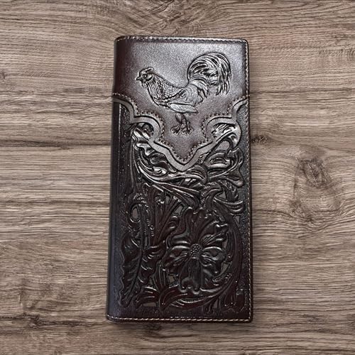 Leather Long Wallet Floral Embossed Rooster Gallo Bi Fold High End Mens Wallet