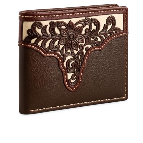 Western Stakes Men’s Bi-Fold Wallet – Genuine Leather with Flip ID, Laser-Cut Design