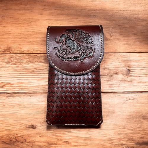 Western Stakes Western Leather Phone Belt Holster Cell Phone Case Pouch Embossed Tooled Golden Eagle Snake Mexico Coat of Arms High End Case for iPhone Samsung Universal