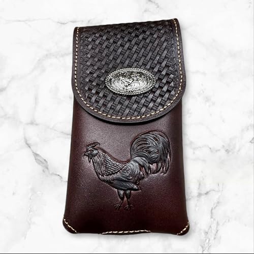 Western Stakes Western Leather Phone Belt Holster Cell Phone Case Pouch Embossed Tooled Rooster Concho Universal