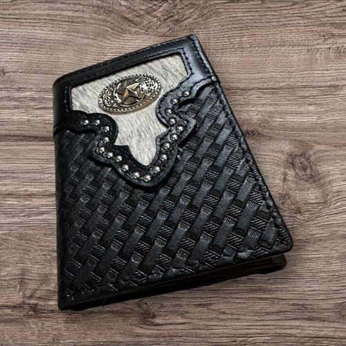 Leather Tri Fold Wallet Concho & Cowhair