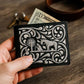 Western Stakes Cowboy Praying Bi-Fold Leather Wallet with Embroidered Cowboy & Cross Design