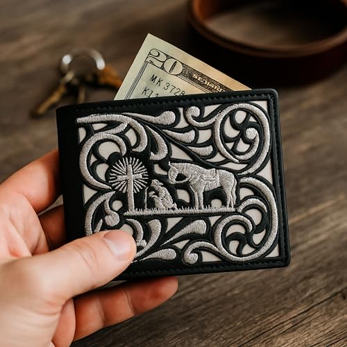 Western Stakes Cowboy Praying Bi-Fold Leather Wallet with Embroidered Cowboy & Cross Design
