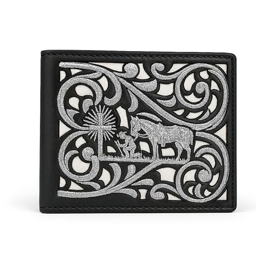 Western Stakes Cowboy Praying Bi-Fold Leather Wallet with Embroidered Cowboy & Cross Design