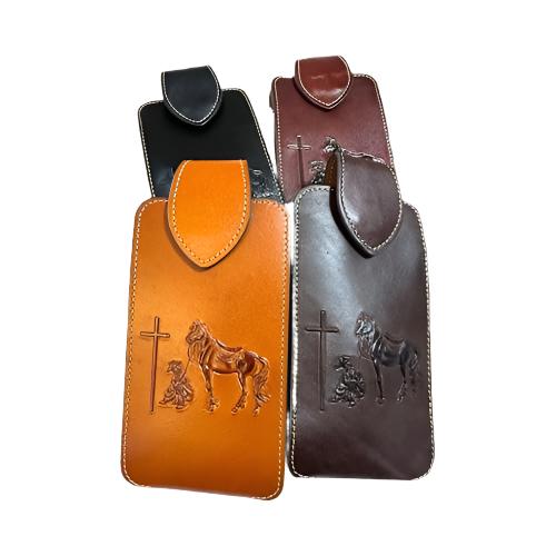 Western Leather Phone Belt Holster Emboss Cowboy Praying at Cross