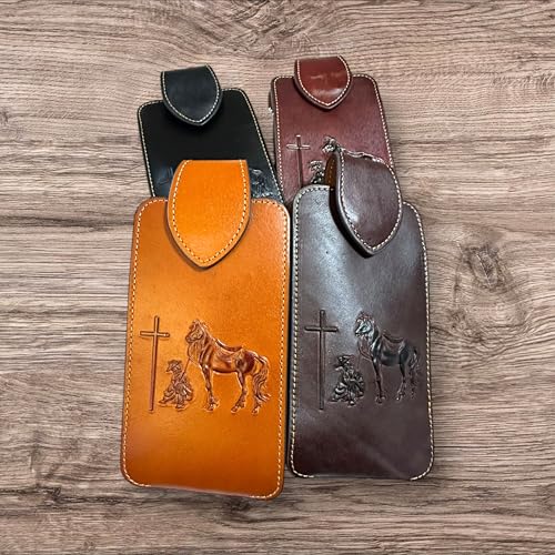 Western Leather Phone Belt Holster Emboss Cowboy Praying at Cross