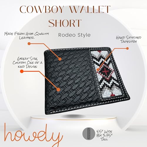 Western Stakes Leather Bi Fold Mens Wallet Tapestry Diamond Red Cross Design Rodeo Wallet Cowboy Style Hand Crafted High End Mens Wallets Leather Gifts For Men