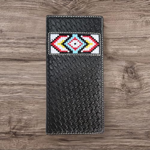 Western Stakes Leather Bi Fold Mens Long Wallet Tapestry Diamond Arrow Design