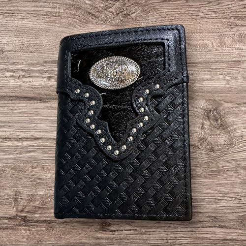 Leather Tri Fold Wallet Concho & Cowhair