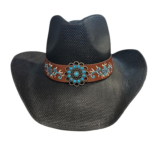 Women’s Western Cowboy Hat – High End Rice Paper Woven Design – Floral Concho Band