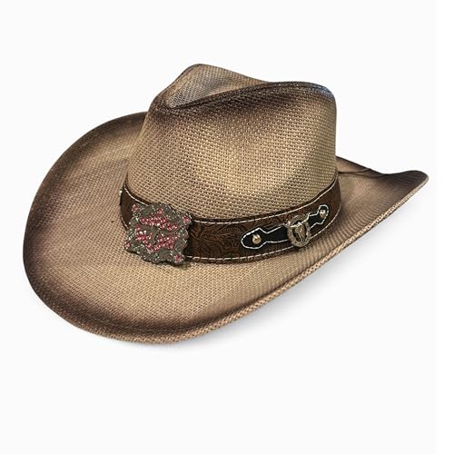 Women’s Western Cowboy Hat – High-End Rice Paper Woven Design – Longhorn Concho Band