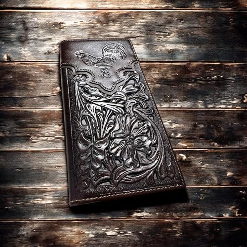 Leather Long Wallet Floral Embossed Rooster Gallo Bi Fold High End Mens Wallet