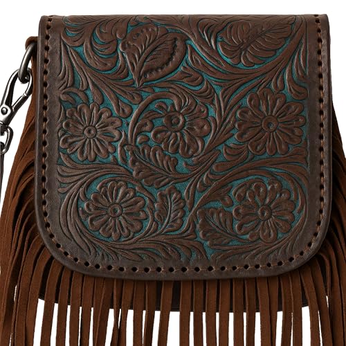 Western Tooled Floral Crossbody Purse – Leather Fringe Bag with Drop Strap & Zipper Pocket