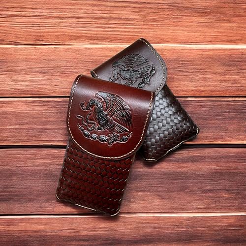 Western Stakes Leather Phone Belt Holster Embossed Golden Eagle Snake Mexico Coat of Arms