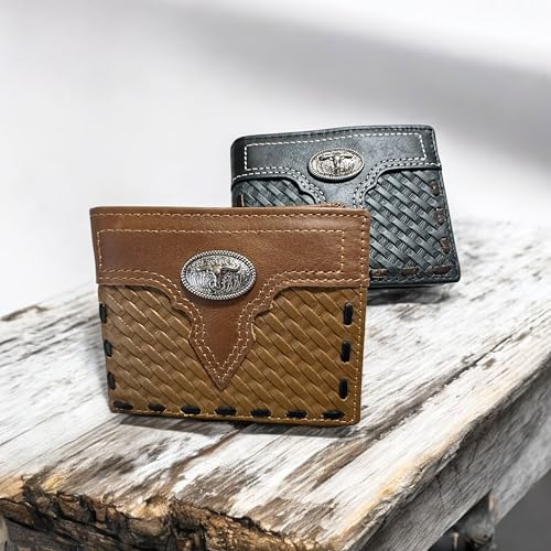 Leather Wallet Basketwave Cowboy Texas Longhorn Concho Bi Fold High End