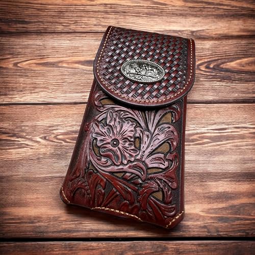 Western Stakes Western Leather Phone Belt Holster Cell Phone Case Pouch Floral Cowboy Tooled Concho Basketweave Universal