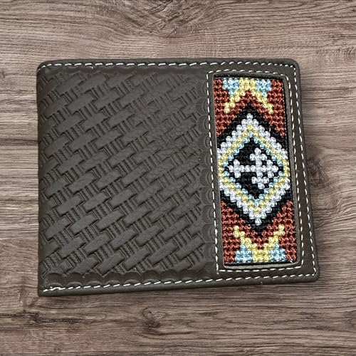 Western Stakes Leather Bi Fold Mens Wallet Tapestry Diamond Cross Design Hand Crafted Wallet