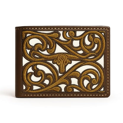 Western Stakes Men’s Leather Bifold – Embroidered Longhorn, Contrast-Stitched Card Holder