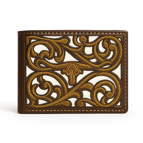 Western Stakes Men’s Leather Bifold Wallet – Embroidered Longhorn Design with Contrast Stitching – Slim Western Style Card Holder (Brown)