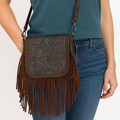 Western Tooled Floral Crossbody Purse – Leather Fringe Bag with Drop Strap & Zipper Pocket