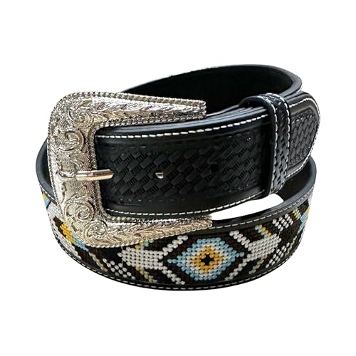 Leather Western Belts For Men Cowboy Tapestry Aztec Embroidered Large Buckle