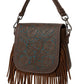 Western Tooled Floral Crossbody Purse – Leather Fringe Bag with Drop Strap & Zipper Pocket