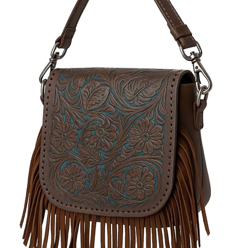 Western Tooled Floral Crossbody Purse – Leather Fringe Bag with Drop Strap & Zipper Pocket