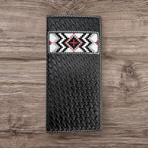 Western Stakes Leather Bi Fold Mens Long Wallet Tapestry Diamond Red Cross Design Rodeo Wallet Cowboy Style Hand Crafted High End Mens Wallets Leather Gifts For Men