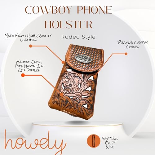 Western Stakes Western Leather Phone Belt Holster Cell Phone Case Pouch Floral Cowboy Tooled Concho Basketweave Universal