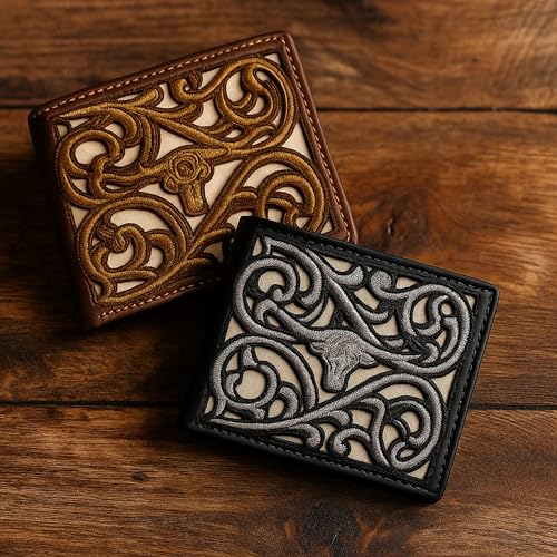Western Stakes Men’s Leather Bifold – Embroidered Longhorn, Contrast-Stitched Card Holder
