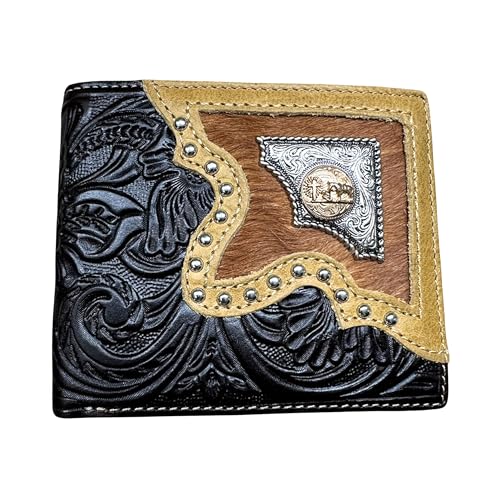 Western Stakes Leather Bi Fold Wallet Cowboy Praying at Cross Concho