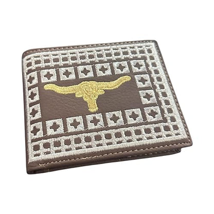 Western Stakes Rodeo Wallet – Bi-Fold Leather with Gold Longhorn and Silver Stitching