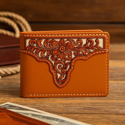 Western Stakes Men’s Bi-Fold Wallet – Genuine Leather with Flip ID, Laser-Cut Design