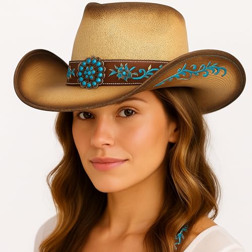 Women’s Western Cowboy Hat – High End Rice Paper Woven Design – Floral Concho Band