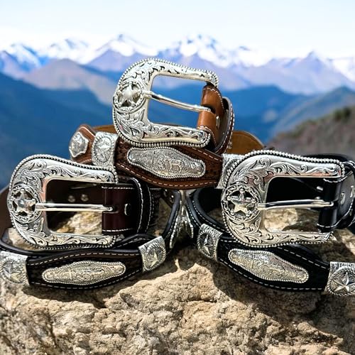 Leather Western Belts For Men Cowboy Praying At Cross Concho Tooled