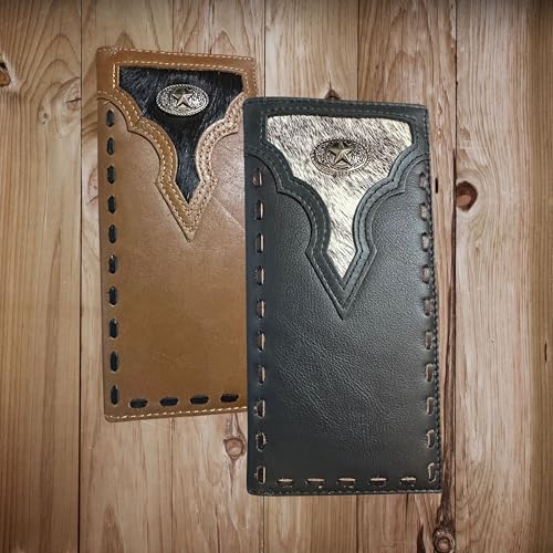 Leather Long Wallet Cowhair Horseshoe Lone Star Cowhide Bi Fold Hand Crafted High End Smooth Leather