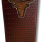 This Western Stakes Longhorn Long Wallet Brown Basketweave W/ Cow Hair, crafted from brown leather with a woven textured pattern, is an exquisite cowboy gift. The front boasts an embossed design of a bull's head, its fur detailing filling the embossed area. Detailed stitching along the edges completes this elegant checkbook style accessory.