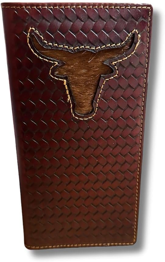 This Western Stakes Longhorn Long Wallet Brown Basketweave W/ Cow Hair, crafted from brown leather with a woven textured pattern, is an exquisite cowboy gift. The front boasts an embossed design of a bull's head, its fur detailing filling the embossed area. Detailed stitching along the edges completes this elegant checkbook style accessory.