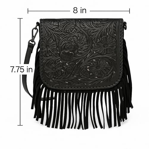 Western Tooled Floral Crossbody Purse – Leather Fringe Bag with Drop Strap & Zipper Pocket