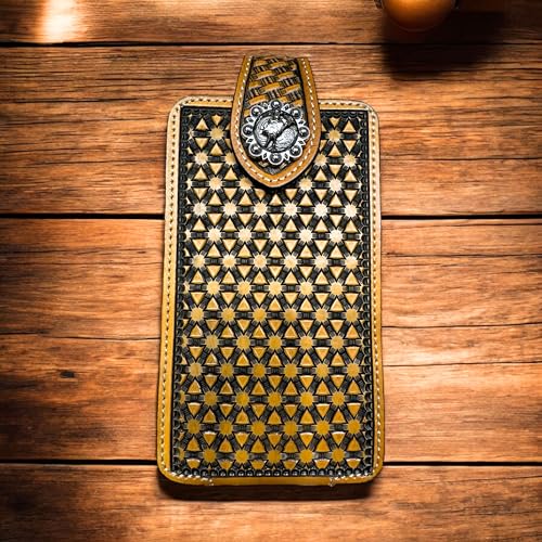 Leather Phone Belt Holster Case Embossed Tooled Diamond Pattern