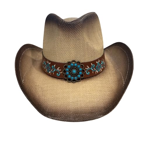 Women’s Western Cowboy Hat – High End Rice Paper Woven Design – Floral Concho Band