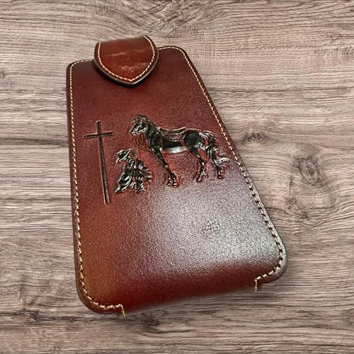 Western Leather Phone Belt Holster Emboss Cowboy Praying at Cross