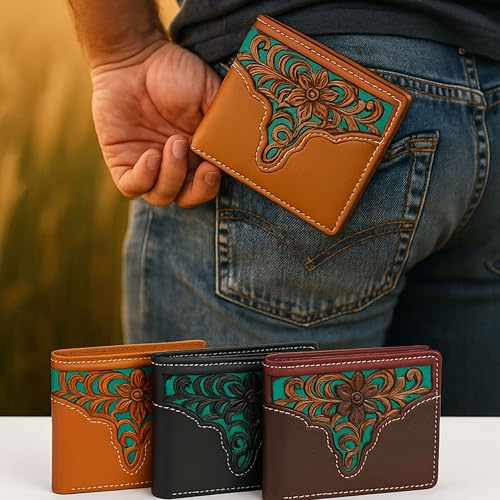 Men’s Western Leather Wallet – Laser Cut Floral Design, Bi-Fold Cowboy Rodeo Style