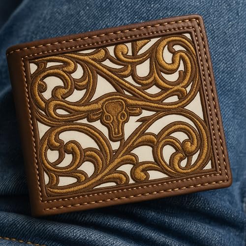 Western Stakes Men’s Leather Bifold – Embroidered Longhorn, Contrast-Stitched Card Holder